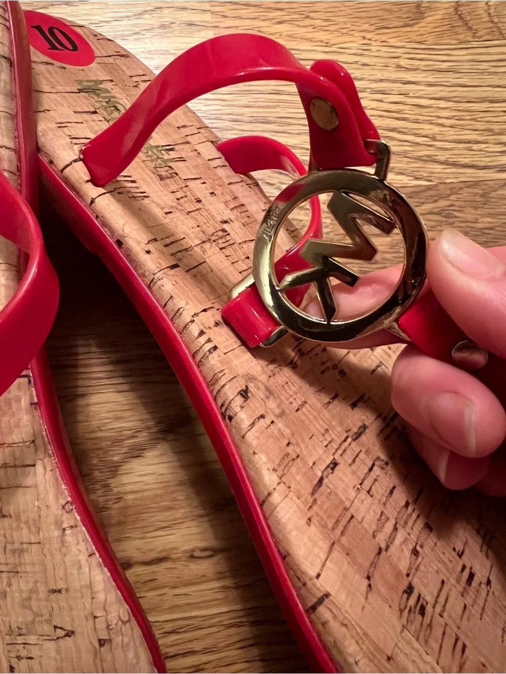 Michael Kors Red Logo Charm Jelly T-Strap Cork Sandals/Flip Flops.